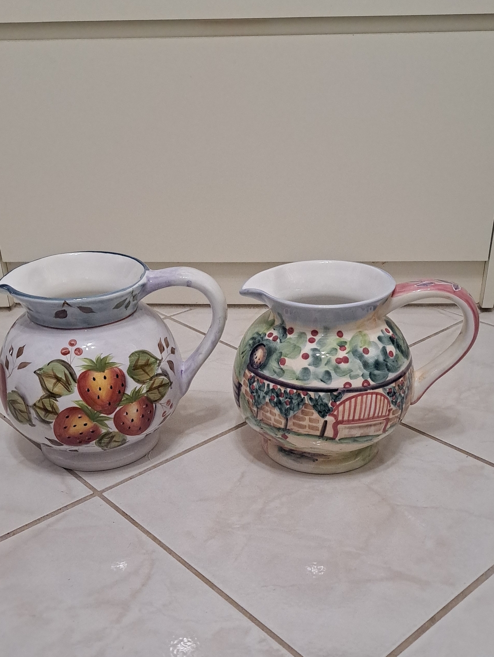 2 Hand-Painted Ceramic Pitchers - White and Red Both 8x11